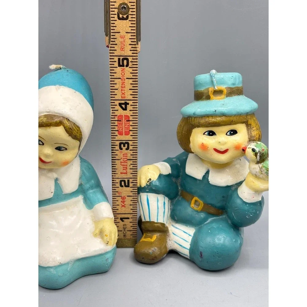 Vintage Pilgrim Boy Girl Candle Set Thanksgiving Autumn Fall Decor‎